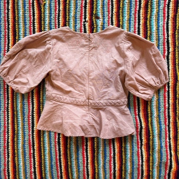 Linen Blend Deep V neck Crop Top Pink Small - Picture 3 of 4